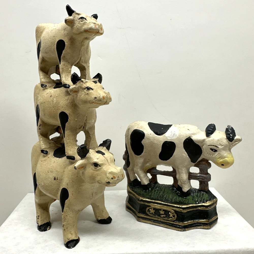 Vintage Cast Iron Cow Lot Holstein 3 Stacked Farm Country Decor